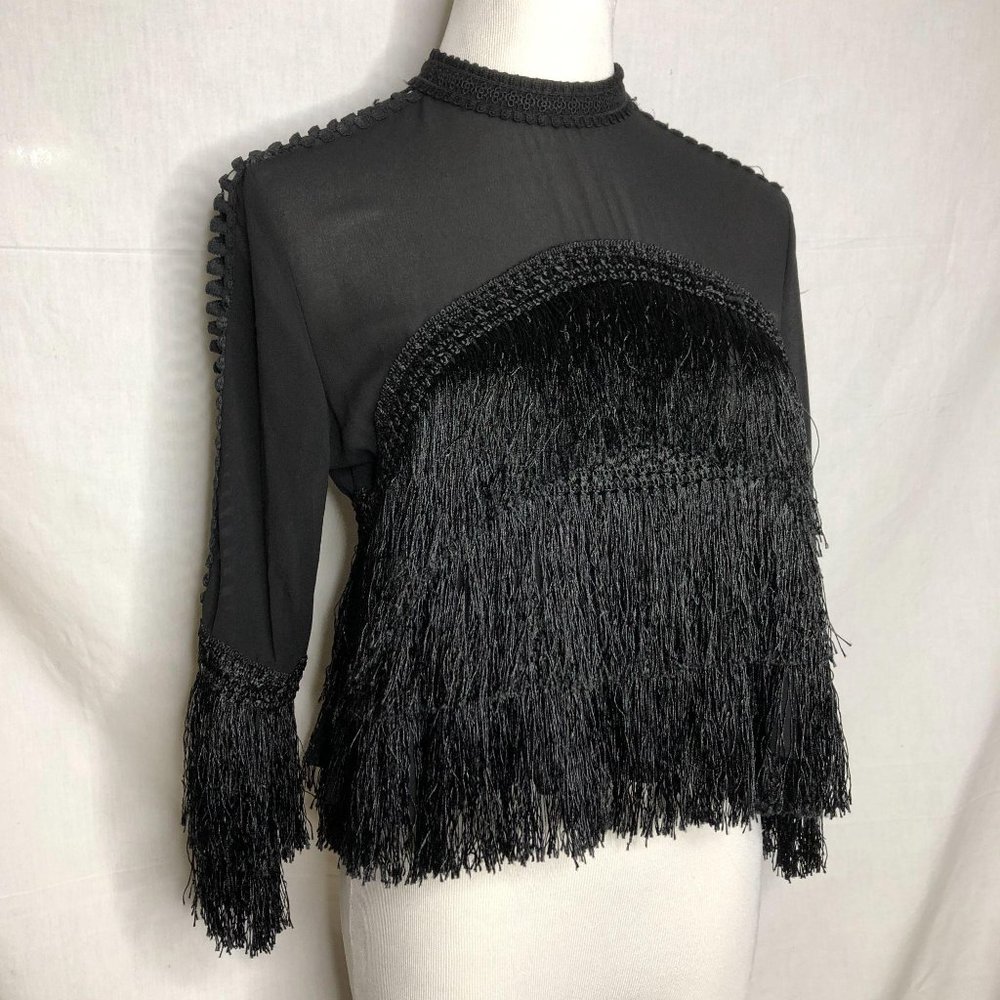 Black Chiffon Fringe Boho Lace Blouse (See msrs)